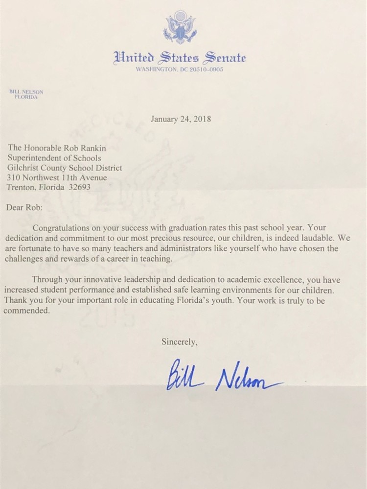 Congratulations from Senator Bill Nelson