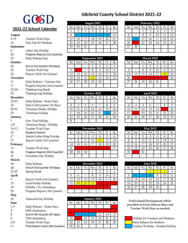 2021 22 School Calendar Gilchrist County School District